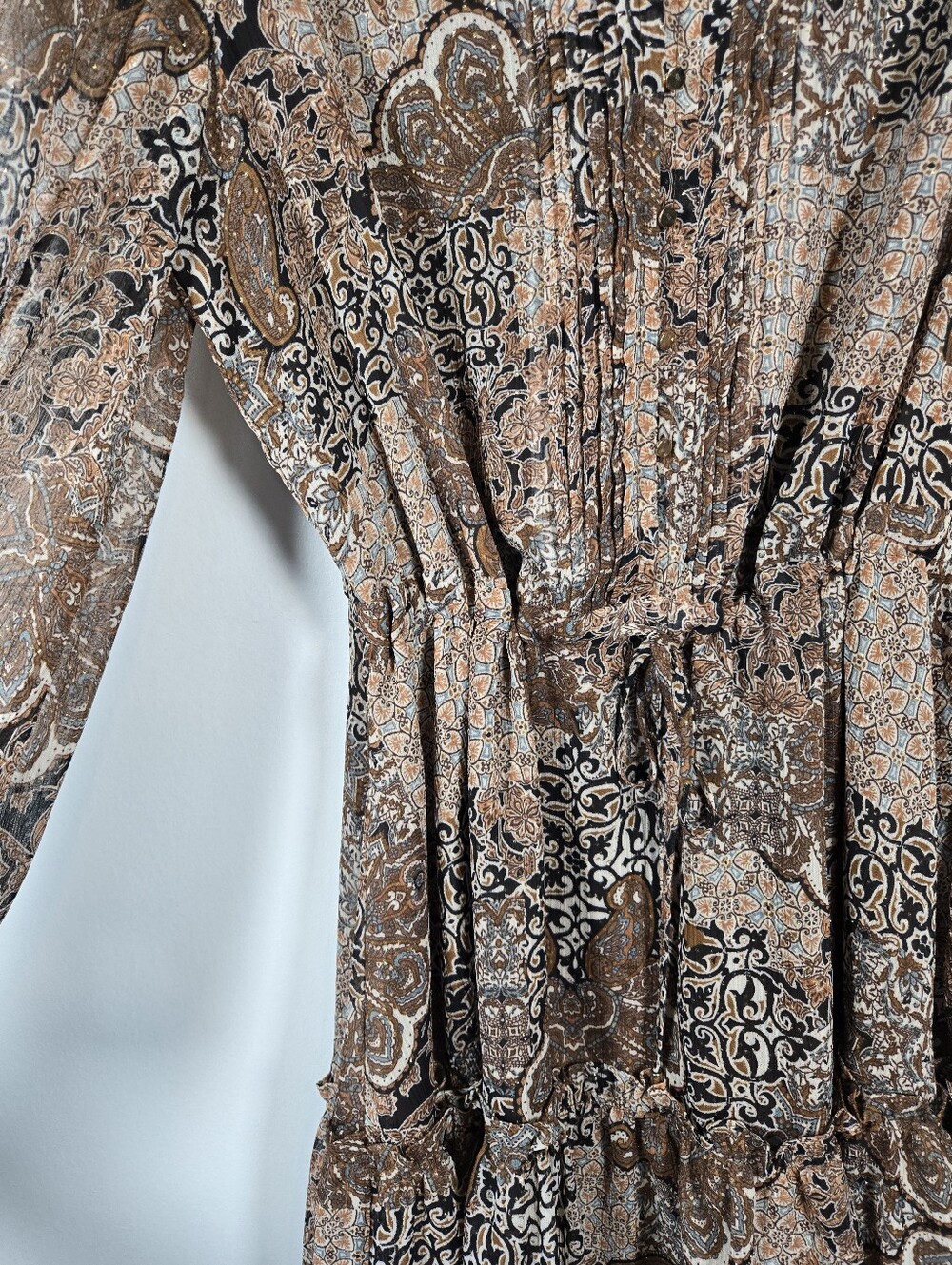 House Of Harlow 1960 Brown Tan Boho Paisley Sparkle Chiffon Peplum Dress Size 10 - Picture 9 of 16